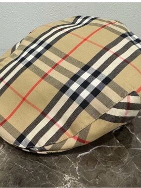 Burberry Beige Nova Check Flat Cap with Black, White and Red Plaid